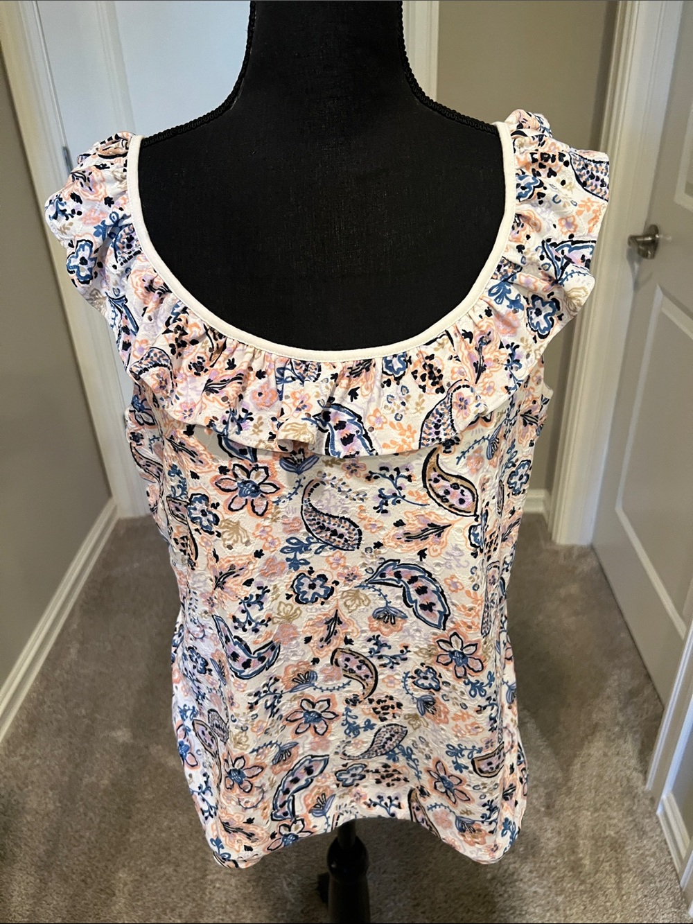 LOFT Paisley Floral Ruffle Tank Top - White, Pink, Blue